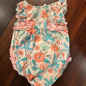 Ruffle Butts Coral and Teal Floral Romper NWOT 0-3 months